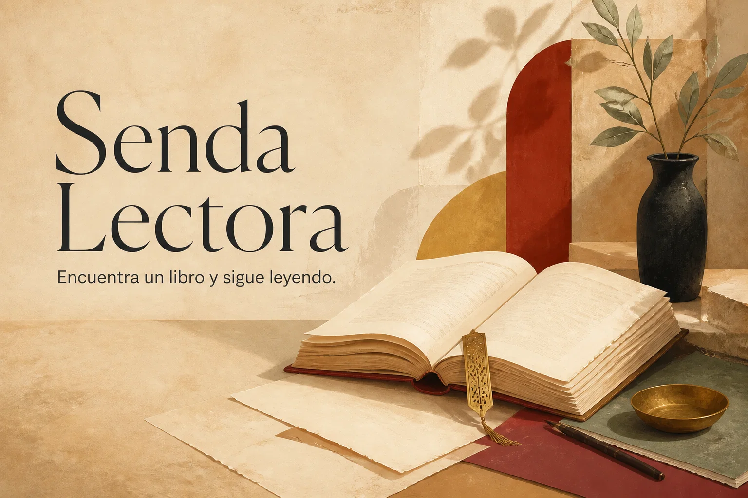 Libro abierto y objetos de lectura en una ilustración editorial cálida